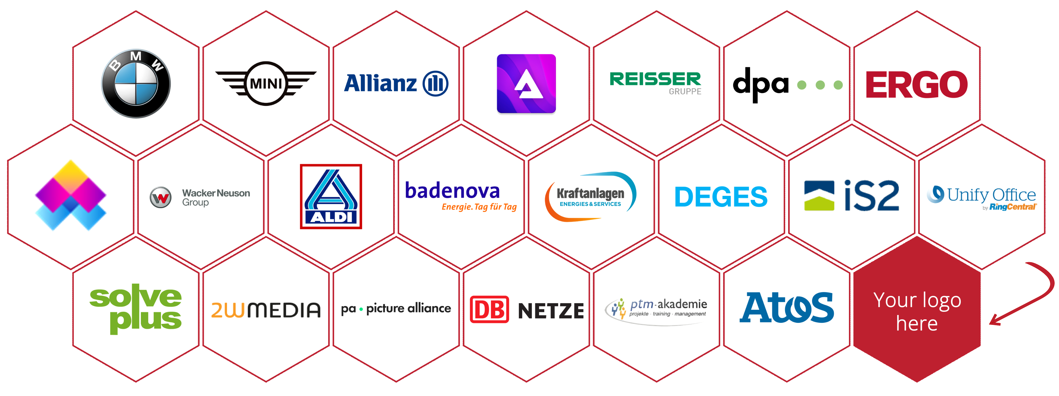 Hexagon grid with logos of partner and client companies including BMW, MINI, Allianz, Reisser, dpa, ERGO, Wacker Neuson Group, ALDI, badenova, Kraftanlagen, DEGES, iS2, Unify Office, solve plus, 2w Media, picture alliance, DB Netze, ptm akademie, Atos, and a placeholder hexagon with text “Your logo here.”