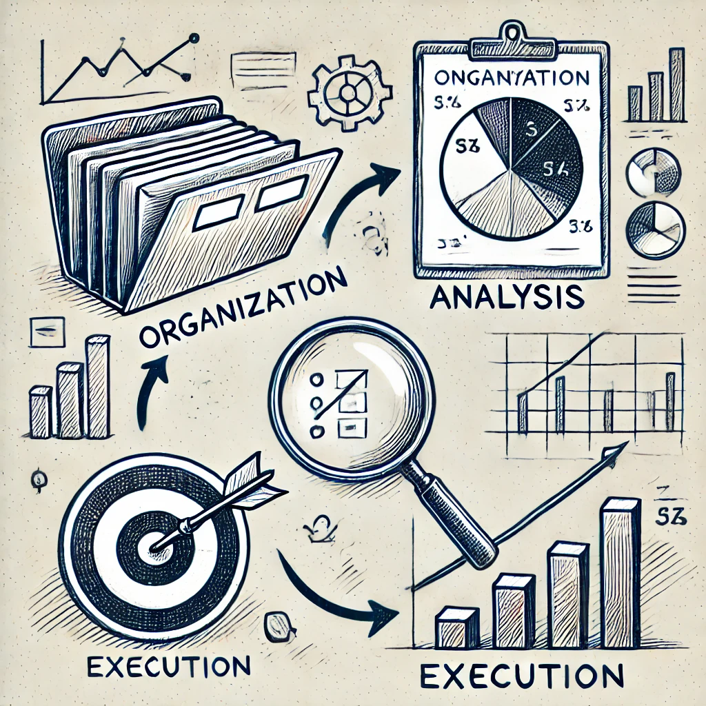 “Hand-drawn infographic showing a business process cycle with sketches of folders labeled Organization, a clipboard with pie chart labeled Analysis, a magnifying glass over a checklist, and bar and target charts labeled Execution.”