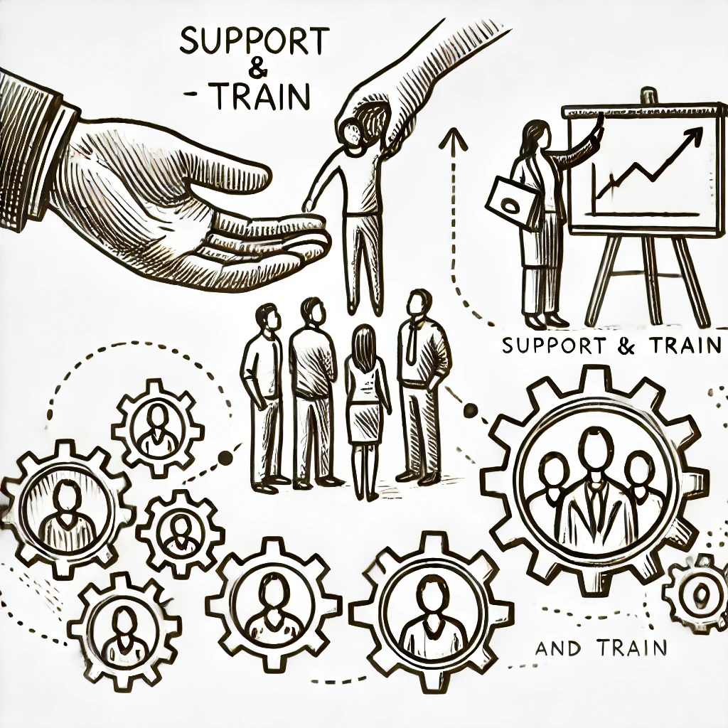 "Hand-drawn illustration of business support, training, teamwork, and growth presentation."