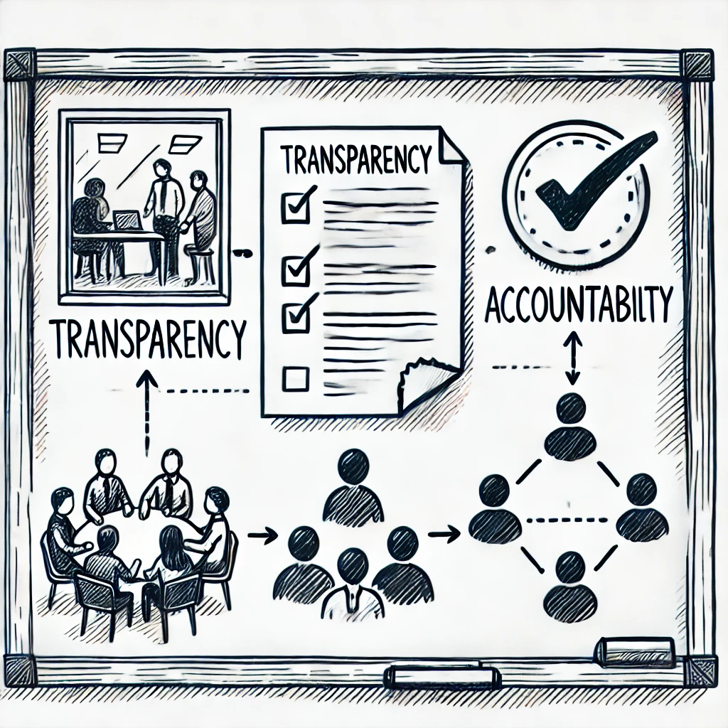"Illustration of transparency and accountability with checklists, meetings, and teamwork icons."