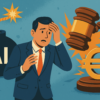 Illustration of a worried businessman standing between a black bomb labeled “AI” with a lit fuse and a judge’s gavel about to strike a golden Euro symbol, symbolizing the legal and financial risks of artificial intelligence without regulation.
