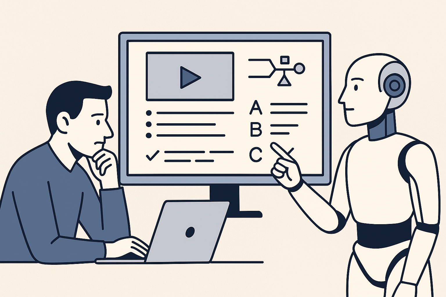 Minimalistische, moderne digitale Illustration. Ein menschlicher Trainer sitzt konzentriert vor einem Laptop, während ein humanoider Roboter auf einen Bildschirm zeigt, der Lerninhalte wie Quizfragen und interaktive Elemente anzeigt.